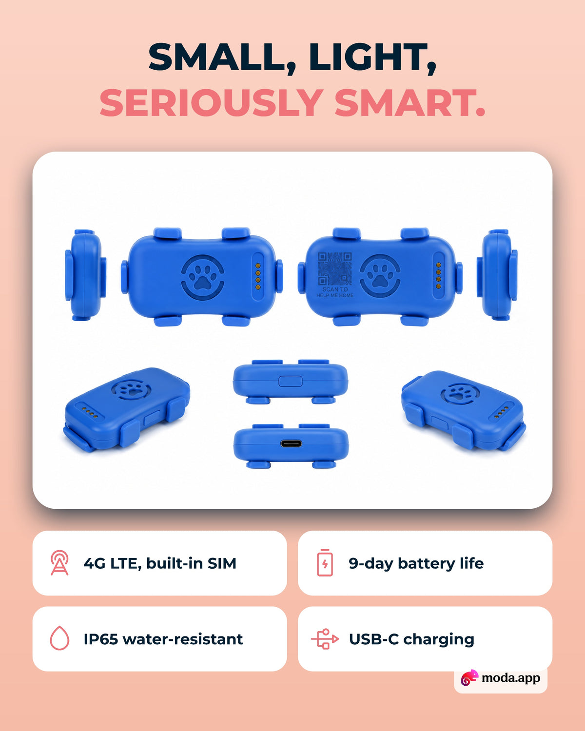 PawTrack features: 4G LTE, 9-day battery, IP65, USB-C